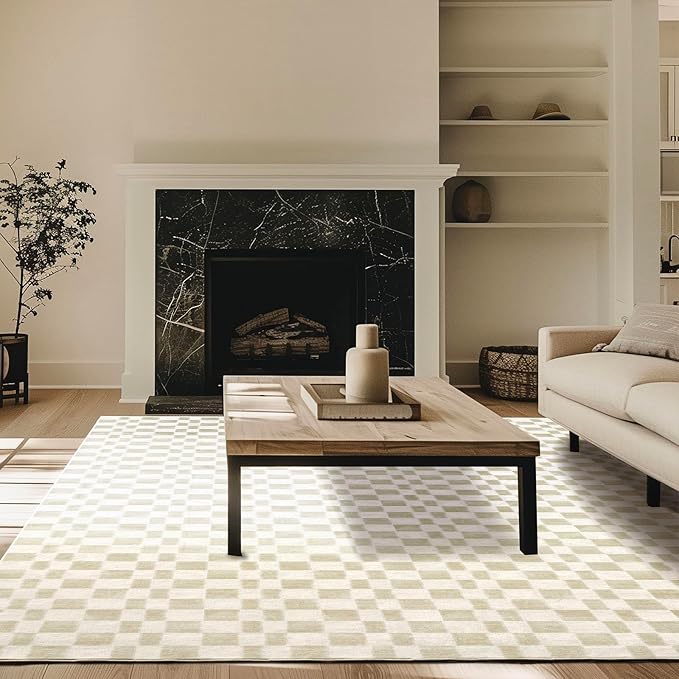 EVERGRACE Checkered Plaid Area Rug 6x9, Soft Faux Wool Rugs Washable Anti Slip Rugs Large Rug Carpet for Entryway Bedroom Living Room Hallway Kitchen Dining Room and Laundry Room, Beige
