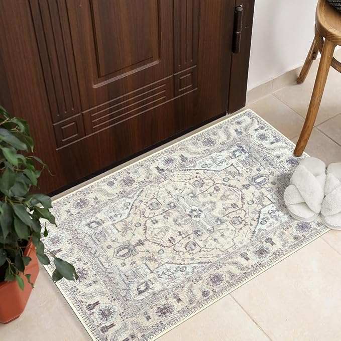 GLN Rugs Traditional Collection - Machine Washable Area Rug, Traditional Washable, Non Slip, Low Pile Chenille Rug, Living Room, Bedroom, Kitchen Rug (2' x 3' Cream/Gray)