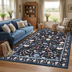 5x7 Washable Non-Slip Rug, Vintage Floral Area Rug for Living Room, Low Pile Farmhouse Distressed Carpet for Nursery Playroom Dorm Teens Office, Dark Grey Blue