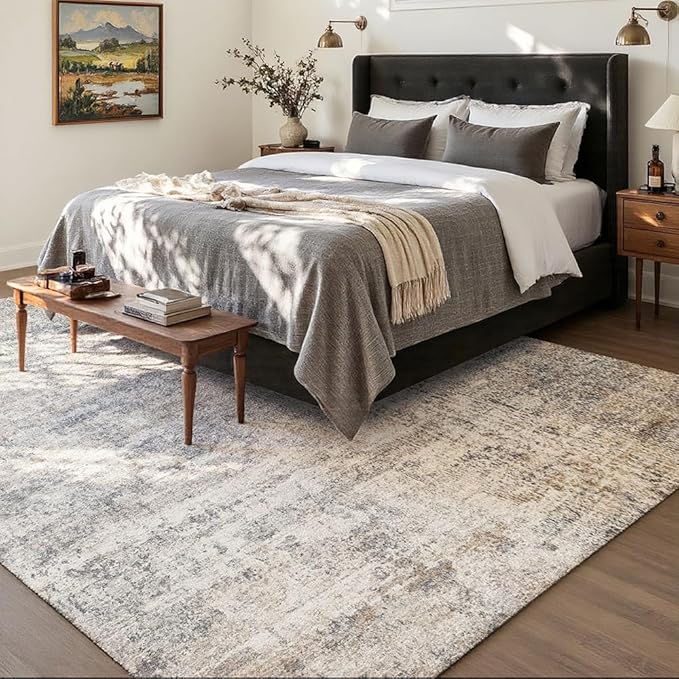 Area Rug 8x10 Washable Rug Grey and Beige for Living Room, Dining Room, Bedroom, Large Carpets, Non Slip & Non-Shedding Low Pile Vintage Print Rug for Home Office Decor