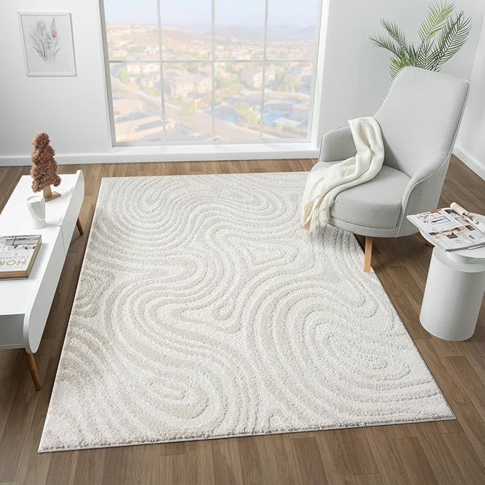 LUXE WEAVERS Geometric Swirl Cream 4x5 Area Rug High Low Modern Carpet