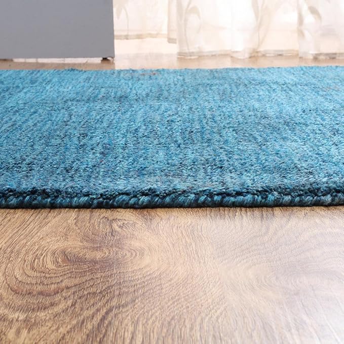 Hand Knotted Loom Wool ECO-Friendly Area Rugs - 2'6"x8', Runner, Blue Color, Solid Plain Design, High Pile Thick Handmade Anti Skid Area Rugs for Living Room, Bed Room (L00111)
