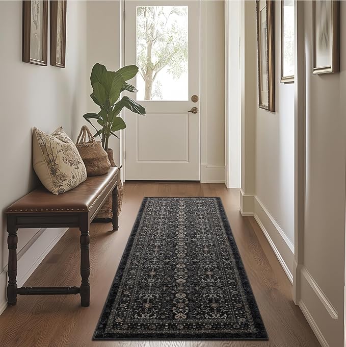 Area Rug Non Slip Machine Washable Ultra Soft Living Room/Bedroom/Kitchen/Outdoor/Classroom Black Grey, 2'×6'