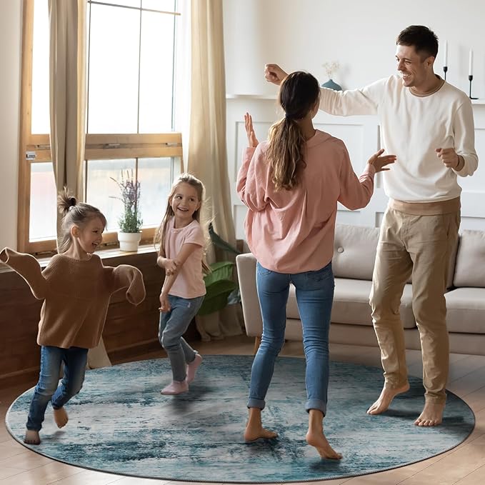 Round 6ft Area Rug Modern Abstract Washable for Living Room Bedroom Dining Room Home Office Teal Gray