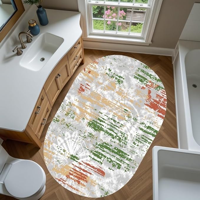 Distressed Abstract Art Aesthetic Deco Indoor Oval Rugs 3x5 for Living Room Bedroom Dining Room Soft Non Skid Easy Clean Big Carpet Nursery Dorm Farmhouse Rustic Grey Green Tie-Dye Texture Area Rug