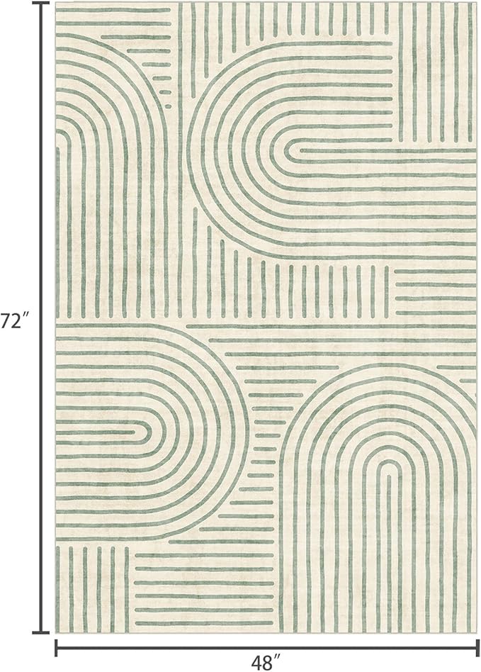 Washable 4x6 Area Rug - Boho Living Room Rug Soft Modern Rugs for Bedroom Ultra-Thin Sage Green Abstract Rainbow Dining Room Rugs Indoor Carpet for Living Room Nursery Room