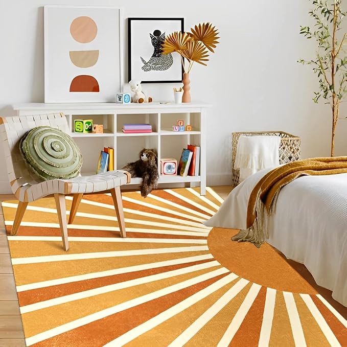 Lahome Sun Print Washable Area Rugs 9x12 Living Room Non-Slip Backing Ultra-Thin Extra Large Rug Lightweight Throw Non Shedding Dining Room Rug，Boho Rainbow Carpet for Bedroom Guest Room Office Home