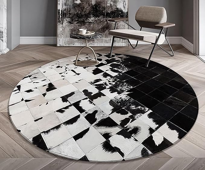 Cowhide Round Leather Rug 10x10 ft – Genuine Hair-On Hide Patchwork Area Rug for Living Room, Bedroom, Kids Playroom, Lounge & Western Home Decor