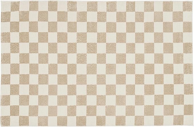 Revival Rugs Gambit 3'11" x 6'1" Checkered Rug Machine Washable Area Rug for Kitchen Bedroom - 100% Recycled Oeko-TEX Certified, Medium Pile, Camel, Beige