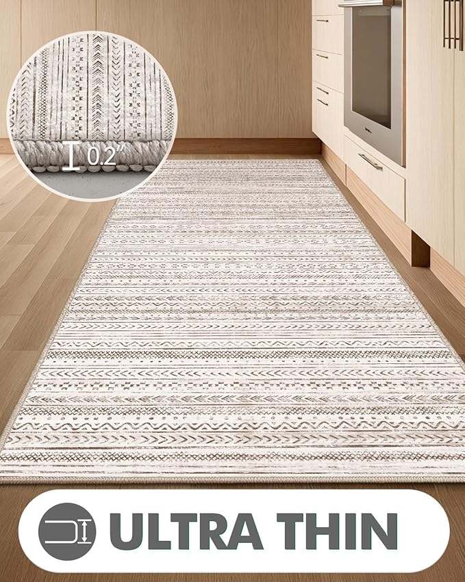 LUMI Washable Rug, 23x59 Kitchen Rugs for Entryway Bathroom, Non-Slip Indoor Door Mat Ultra-Thin, Small Oriental Throw Carpet for Bedroom Entry Office, White and Brown