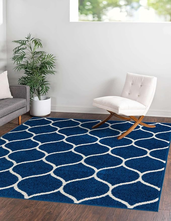 Rugs.com Lattice Frieze Collection Rug – 7' Square Navy Blue Medium Rug Perfect for Living Rooms, Kitchens, Entryways