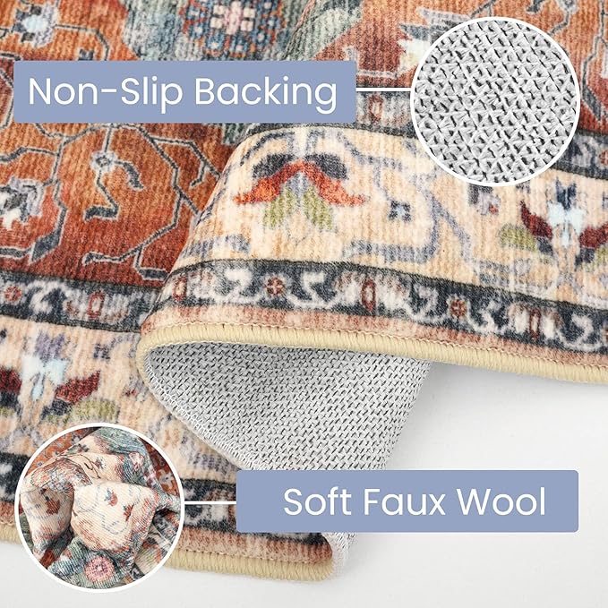 KOZYFLY Boho Area Rug 8x10 Ft Thin Rugs for Living Room Washable Bedroom Rug Non Slip Rugs for Living Room Rust/Orange/Blue Printed Faux Wool Vintage Bedroom Rug Floor Carpet for Dining Room