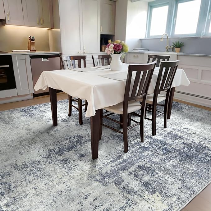 Washable Area Rug 5x7 - Neutral Modern Abstract Rugs, Soft Non Slip Thin Carpet with for Bedroom, Under Dining Room Table, Home, Office, Dorm, Office Rolling Chair - Indigo Gray