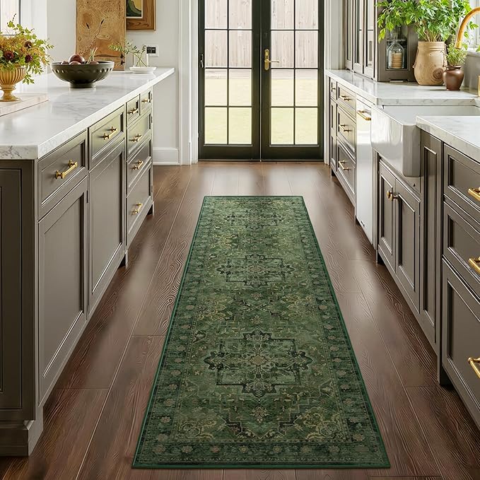 Dark Green 2x7 Hallway Runner Rug, Moody Vintage Medallion Entryway Rugs for Inside House Mudroom, Kitchen Runner Rugs Non Skid Washable, Carpet Runner for Bathroom Laundry Room Bedroom