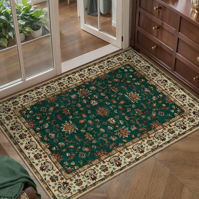Tangsoo 2x3 Washable Rugs for Entryway, Small Area Vintage Floral Rug Non-Slip Soft Low Pile Rugs, Small Carpet Door Mat, Front Door Indoor Throw Rug for Entrance Kitchen Entry, Home Decor Green