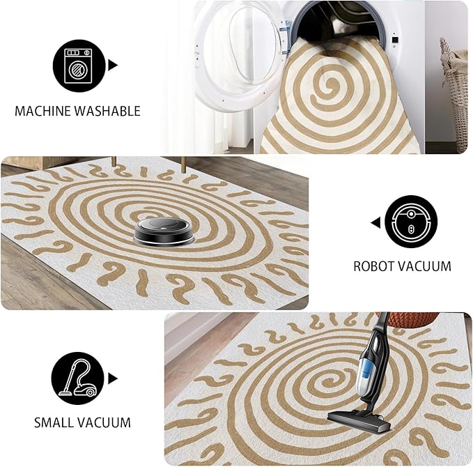 Boho Washable Rugs for Bedroom 3x5, Modern Sun Print Soft Minimalism Area Rug, Non Slip Low Pile Abstract Carpet for Classroom Living Room Decor Dining Room, Beige Yellow