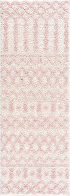 Hauteloom Tilos Moroccan Farmhouse Hallway, Entryway Shag Runner Rug - Shaggy Long Runner Rug - Trellis Pattern - High Plush Pile - Cream, Pink, Beige - 2'7" x 7'3"