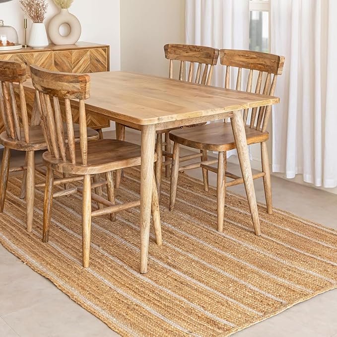 HOMEMONDE Natural Braided Jute Area Rug - 8'x10' Off White Stripe Eco Friendly Premium Fiber - Durable and Reversible Boho Farmhouse Decor Rugs for Living Room, Bedroom, Dinning Room, Kitchen, Office