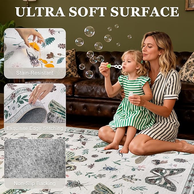 8x10 Area Rugs Living Room Rug: Vintage Washable Rug Floral Soft Carpet Indoor Floor Non-Slip Boho Stain Resistant Large Carpets for Bedroom Kids Nursery Dining Room Farmhouse Home Office Beige
