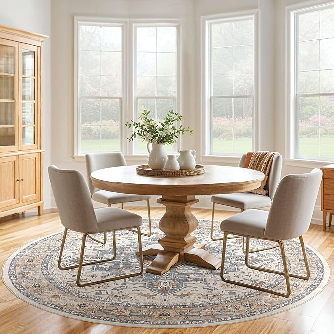 Round Rug Living Room Rugs: 7x7 Washable Boho Neutral Large Circle Soft Indoor Distressed Stain Resistant Floor Farmhouse Carpet for Bedroom Nursery Kids Playroom Office Dining Room Dorm- Beige Blue