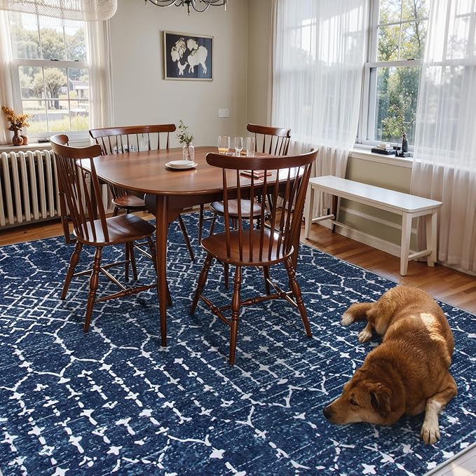 Lahome Moroccan Washable Area Rugs 6x9 Non-Slip Ultra-Thin Soft Living Room Carpet, Modern Geometric Print Stain Resistant Rug Carpet for Bedroom Dining Room Office, Blue