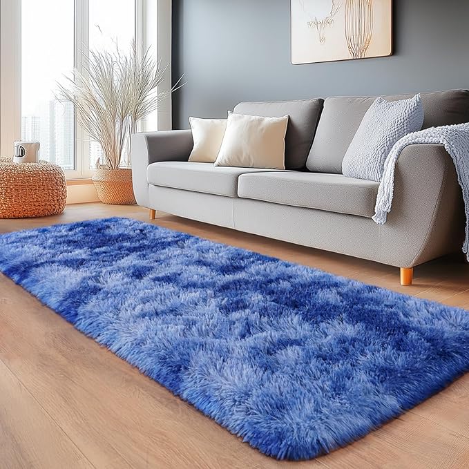 Plush Rugs for Living Room, Soft Shaggy Carpets for Living Room, Upgrade Anti-Skid Fuzzy Rugs for Kids' Room, Perfect Decor for Modern Home Tie Dye Blue 2x6Feet