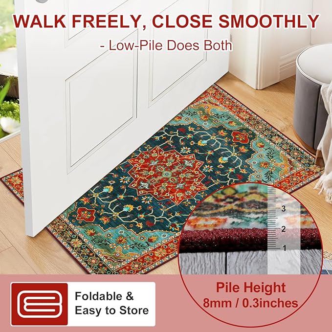 WILLSUN Washable Area Rugs, 2x3 Non-Slip Boho Small Area Rugs for Entryway, Kitchen, Bathroom, Machine Washable Vintage Rug, Indoor Floral Print Carpet for Home Decor, Kid & Pet Friendly Mat