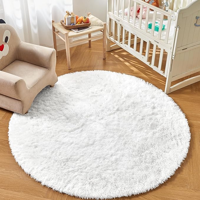 Andency White Round Area Rug for Bedroom, Soft Shag Circle Rug 6x6 for Room, Fluffy Faux Fur Carpet for Home Decor, Circular Fuzzy Plush Rug for Living Room, Playroom