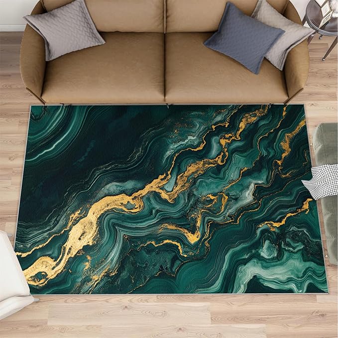 6x9 Abstract Marble Living Room Rug - Emerald-Green-Marble Bedroom Carpet, Luxury Stone Pattern Classroom Rug for Carpet Boy Bedroom Office Nursery Hardwood Home Decor