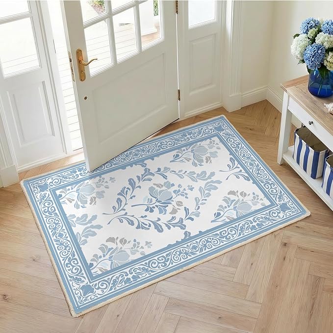 SOULFUL Medium Pile 3x5 Area Rug - Soft Underfoot Small Entryway Rug - Mist Blue Boho Floral - Washable Non-Slip - Perfect for Living Room Bedroom Foot Kids Room Reading Nook