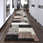 Indoor Runner Rug, Washable Runner Rug with Rubber Backing, Modern Geometric Patchwork Aesthetic Carpet for Bedroom, Living Room, Hallway, Entryway,Washable Rugs Rockwood Collection,2.7x10Ft Chocolate
