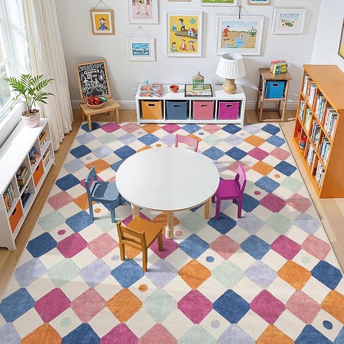 jinchan Macy Area Rug 8x10 Kids Washable Rug Indoor Floor Cover Non Slip Modern Soft Rug Playroom Diamond Carpet for Elementary School Classroom Nursery Daycare Living Room Bedroom Berries on Cream