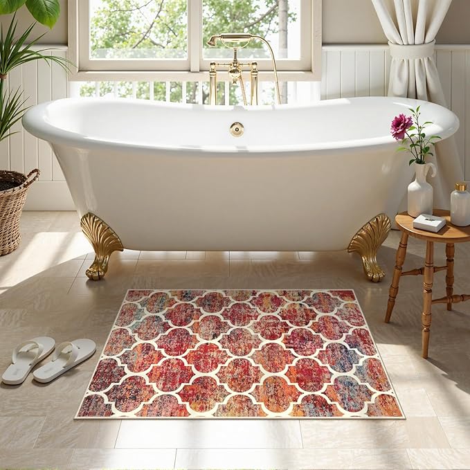 Lahome Moroccan Kitchen Rugs -2x3 Washable Rug Small Indoor Door Mat Throw Rug Non-Slip Indoor Door Mats for Entryway,Christmas Red Colorful Rugs for Bedroom（2x3, California Sunset
