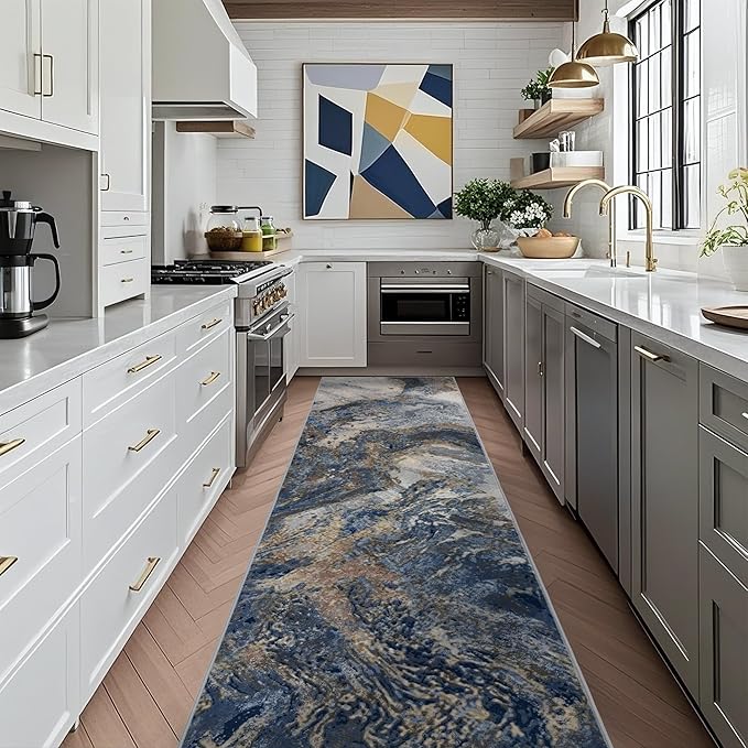 Abstract 2x6 Runner Rug: Modern Washable Rug for Entryway Hallway Bedside Kitchen Indoor - Non Slip Thin Low Pile - Blue Gold