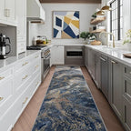 Abstract 2x6 Runner Rug: Modern Washable Rug for Entryway Hallway Bedside Kitchen Indoor - Non Slip Thin Low Pile - Blue Gold