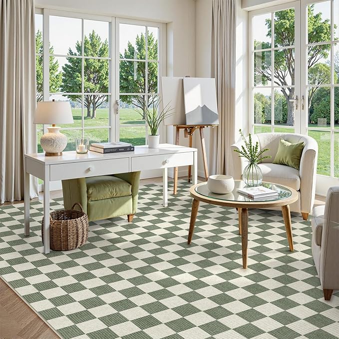 LIVEBOX 10x14 Area Rugs for Living Room, Checkered Non-Slip Washable Rugs, Farmhouse Neutral Classic Geometric Pattern Large Boys Area Rug for Bedroom, Carpet for Dining Room Office (Green,10'x14')