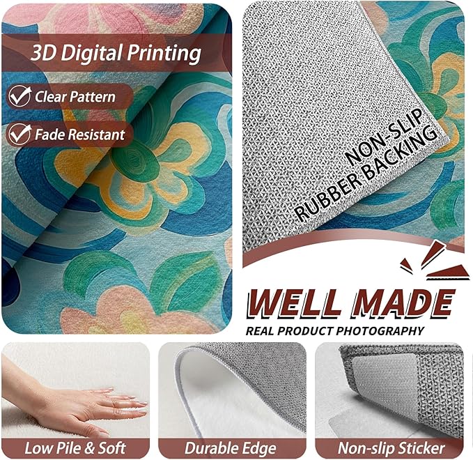 6x8 Rug Non Silp - Floral Rugs for Living Room, Modern Artistic Flower Low Pile Machine Washable Area Rugs for Bedroom, Floral Carpet House Decor & Gifts