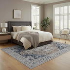 Washable Area Rugs 8x10, Large Rugs for Living Room, Carpet for Bedroom, Soft Faux Wool Retro Dining Room Rug, Non-Slip Backing Resistant Low Pile Vintage Print Rug for Home Office (Taupe/Blue)