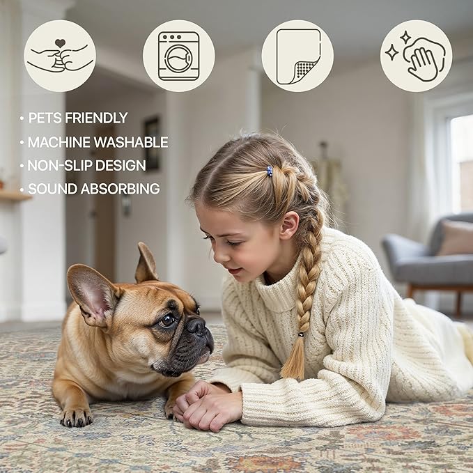 Bavni Area Rugs for Living Room, 5x7 Area Rugs Non-Slip Washable，Ultra-Thin Aesthetic Boho Rug for Bedroom Dinning Room Office, Earth Yellow