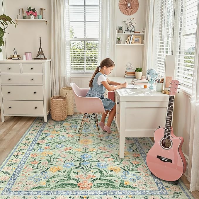 Lahome Boho Light Green Large Area Rugs for Bedroom 9x12, Floral Washable Rugs Living Room, Soft Non-Slip Thin Rug for Nursery Kids Playroom Tween Girls Home, Tea Green
