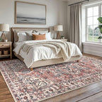 KOZYFLY Area Rug 8x10 Ft Thin Rugs for Living Room Washable Bedroom Rug Non Slip Rugs for Living Room Printed Faux Wool Vintage Bedroom Rug Floor Carpet for Dining Room, Terracotta/Beige