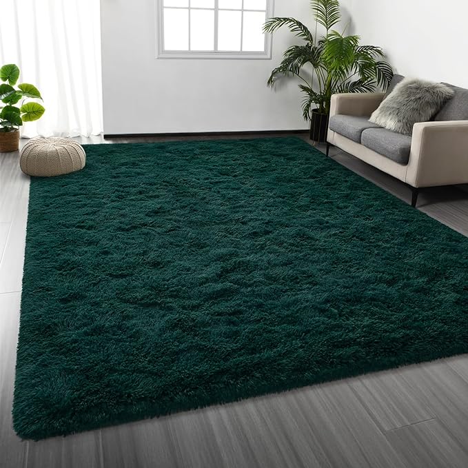 Large Shag Area Rugs 8 x 10, Plush Fuzzy Rugs for Living Room, Ultra Soft Fluffy Furry Rug for Bedroom, Indoor Carpet Nursery Rugs for Kids Room Home Decor, Deep Green