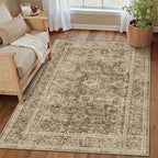 4x5 Washable Area Rug for Entryway Office Brown Vintage Non-Slip Low Pile Distressed Rustic Carpet Lightweight Vacuumable Soft Throw Rug for Living Room Indoor Dining Room