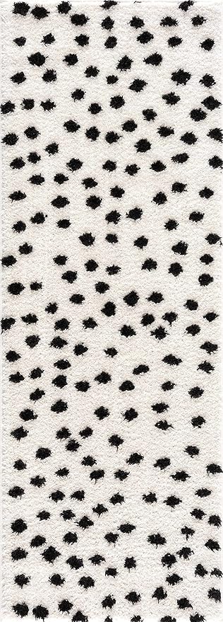 Hauteloom Tilos Dalmatian Hallway, Entryway Shag Runner Rug - Shaggy Runner Rug - Dot Pattern - High Plush Pile - Black, White - 2'7" x 7'3"
