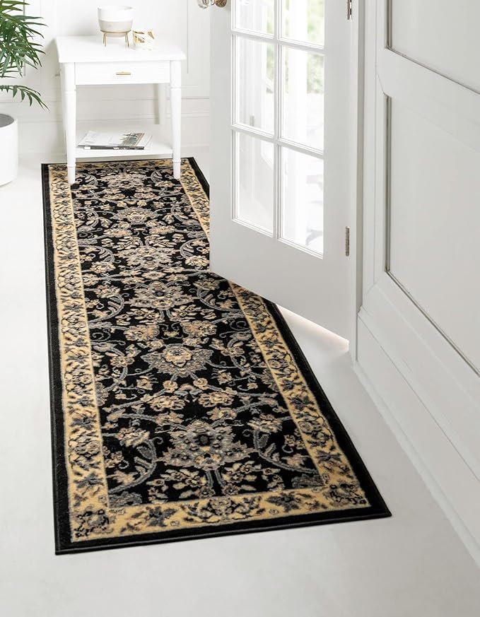 Rugs.com Yasmin Collection Rug – 10 Ft Runner Black Medium Rug Perfect for Hallways, Entryways