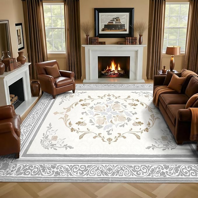 SOULFUL Medium Pile 8x10 Rugs for Living Room - Cozy Soft Underfoot Large Area Rug - Light Taupe Boho Floral - Washable Non-Slip - Perfect for Bedroom Kids Room Under Dining Table Office