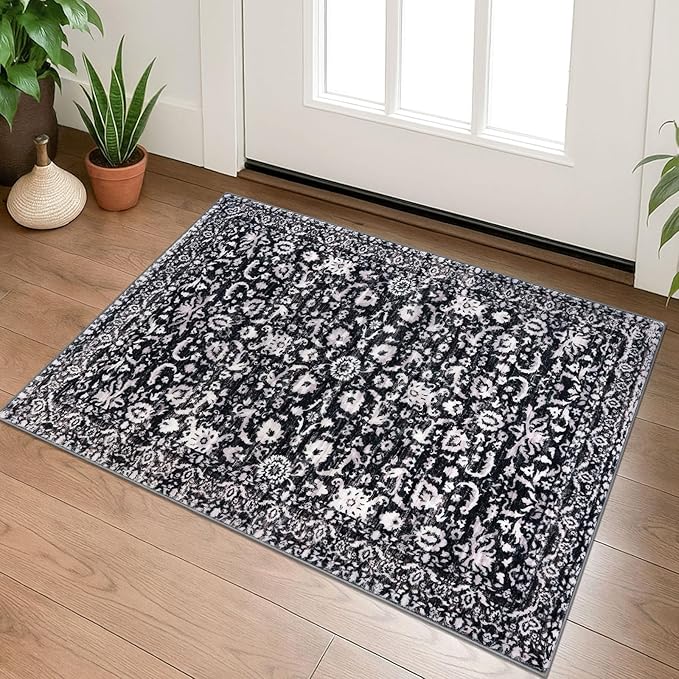 Vintage Entryway Rug 2x3 Washable, Black and White Kitchen Rug, Super Soft Thin Faux Wool Small Area Rug, Non-Slip Accent Mat for Foyer, Bedroom, Office