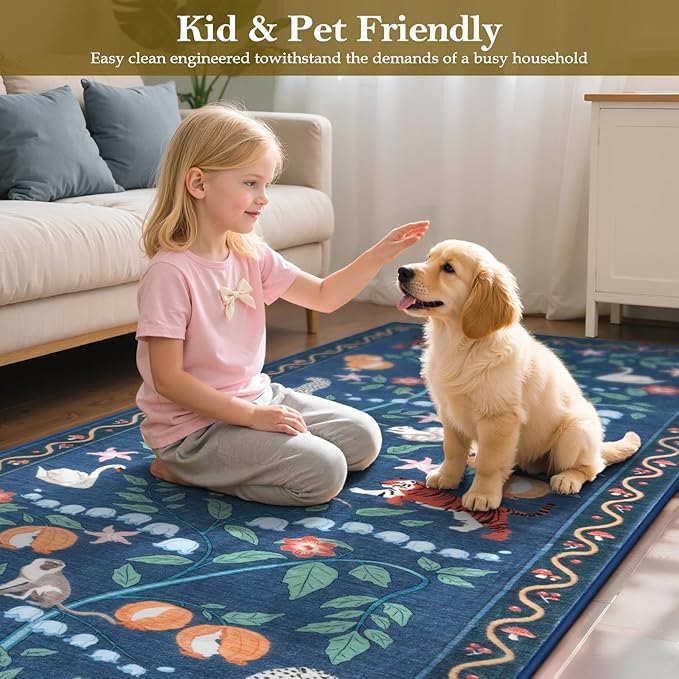 Collive Kitchen Runner Rugs Non Slip, Washable Jungle Animal Carpet Runners for Hallway Bathroom 2.6x8ft, Soft Bedroom Rug Blue Ultra Thin Stain Resistant Indoor Mats for Entryway, Bedside