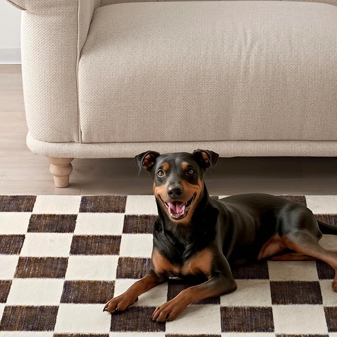 EVERGRACE Checkered Plaid Area Rug 2x8, Soft Fuzzy Faux Wool Rugs Washable Anti Slip Rugs Long Runner Rug Carpet for Entryway Bedroom Living Room Hallway Kitchen Dining Room and Laundry, Dark Brown