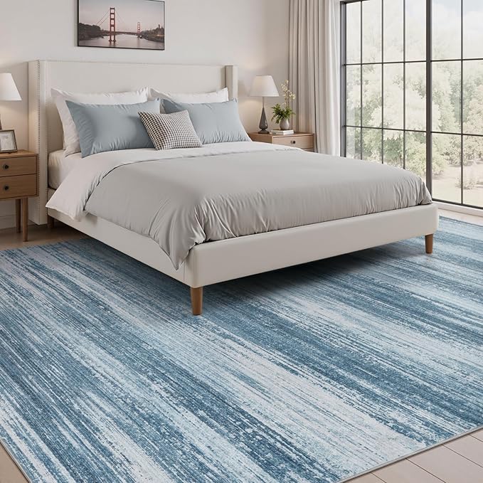 PADOOR Modern Abstract Area Rug - 8x10 Washable Rugs Non-Slip, Large Rug Ultra Soft Low Pile Rugs for Living Room Bedroom Dining Room Nursery Room Playroom Blue